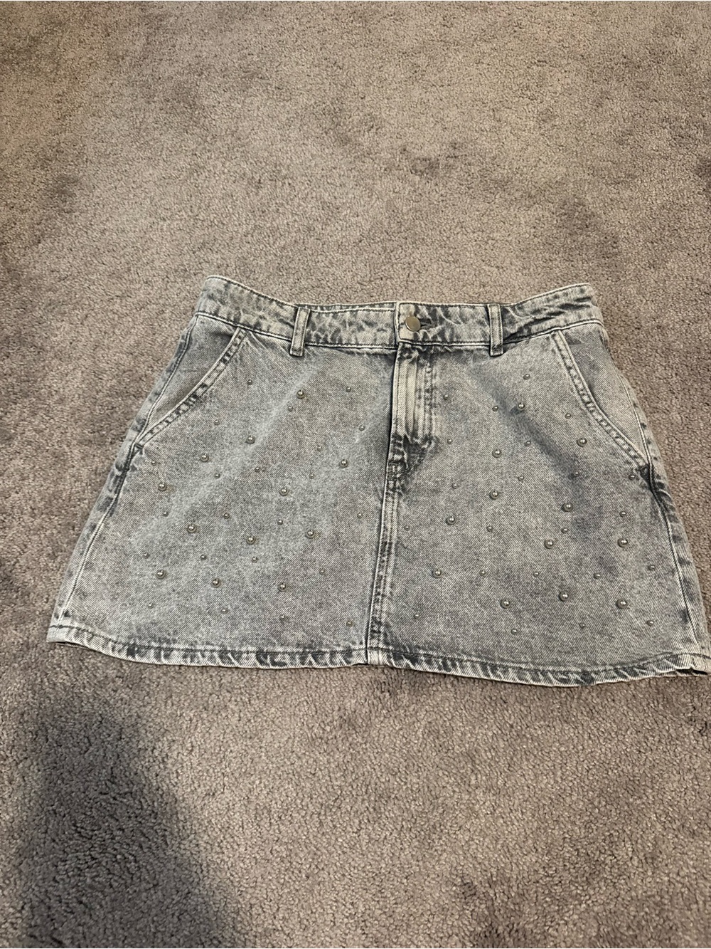 Studded Light Gray Denim Mini Skirt